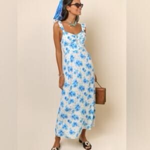 Rixo London Cecile Ruffled Midi Dress in Blue Victoria Floral Print